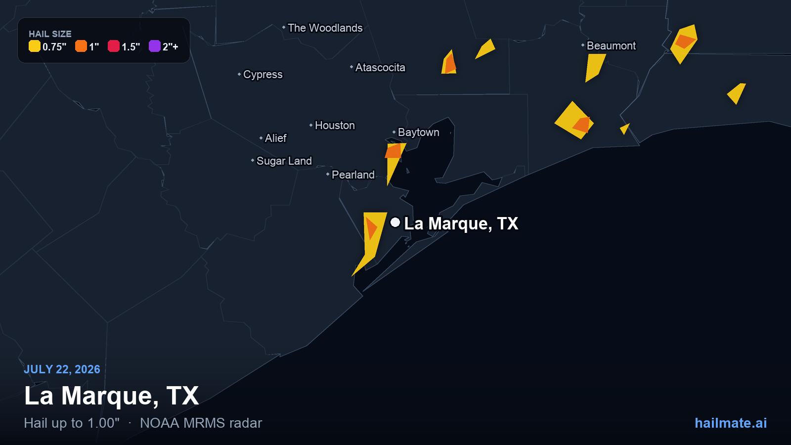 Hail swath map for La Marque, TX on July 22, 2026 showing 1.00 inch hail.