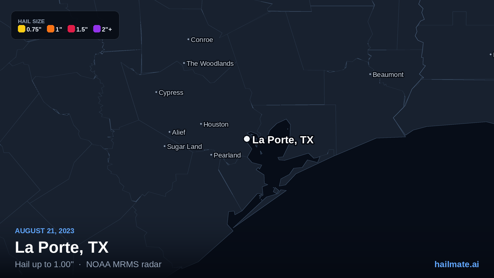Hail swath map for La Porte, TX on August 21, 2023 showing 1.00 inch hail.