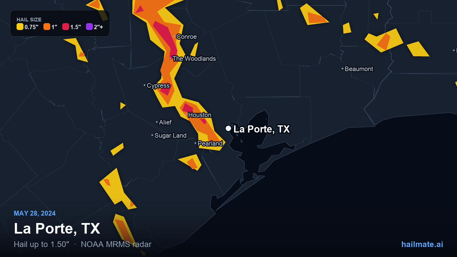 Hail swath map for La Porte, TX on May 28, 2024 showing 1.50 inch hail.