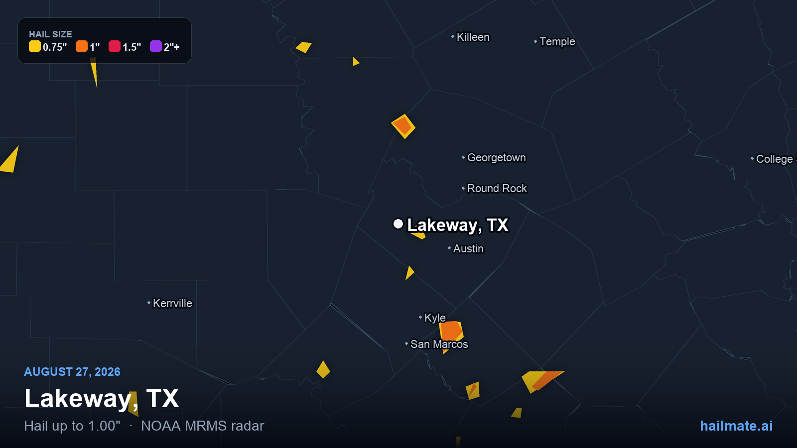 Hail swath map for Lakeway, TX on August 27, 2026 showing 1.00 inch hail.