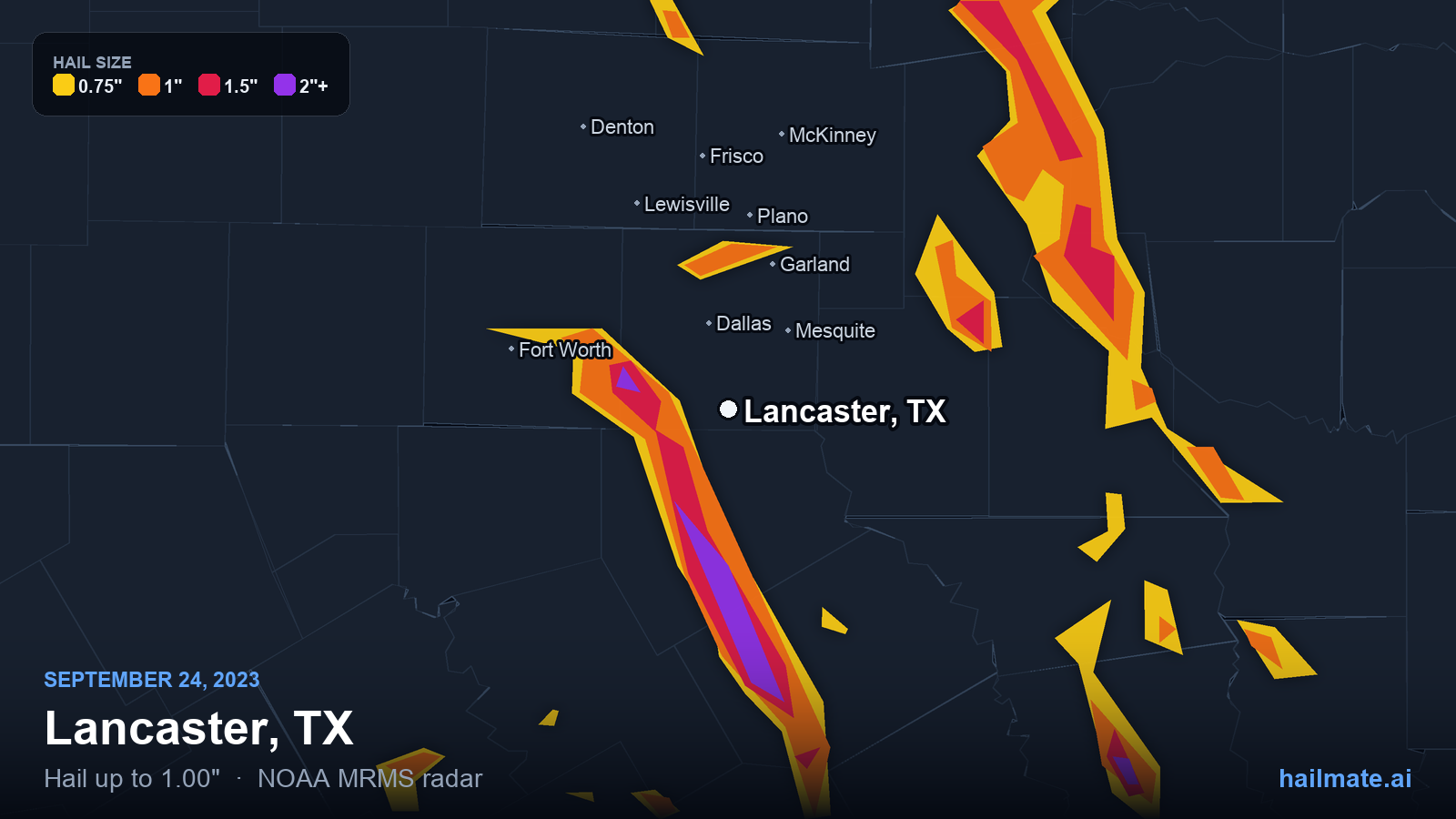 Hail swath map for Lancaster, TX on September 24, 2023 showing 1.00 inch hail.
