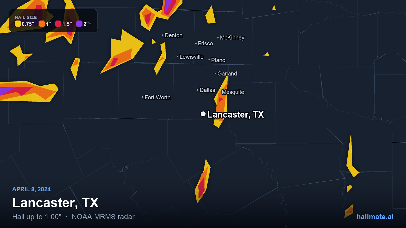 Hail swath map for Lancaster, TX on April 8, 2024 showing 1.00 inch hail.