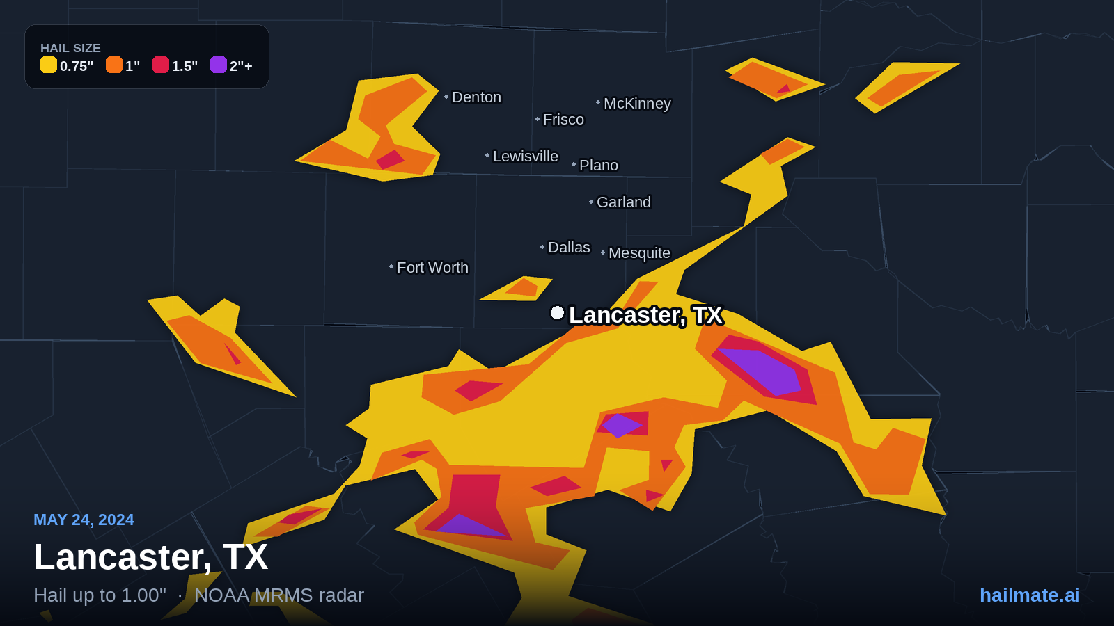 Hail swath map for Lancaster, TX on May 24, 2024 showing 1.00 inch hail.
