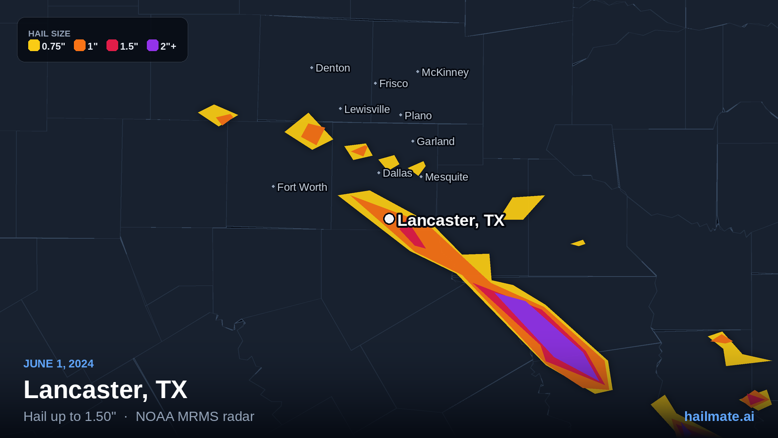 Hail swath map for Lancaster, TX on June 1, 2024 showing 1.50 inch hail.