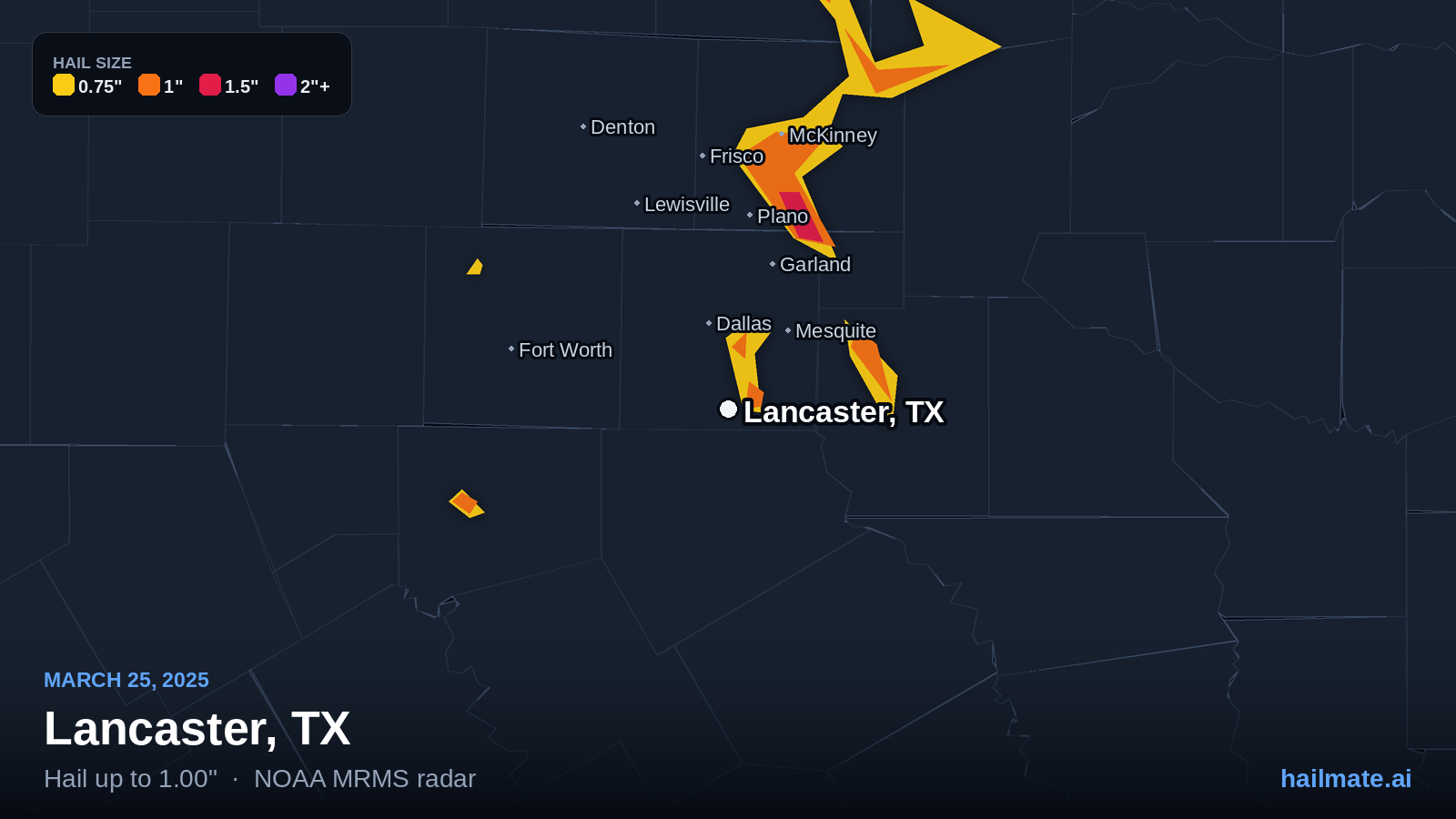 Hail swath map for Lancaster, TX on March 25, 2025 showing 1.00 inch hail.
