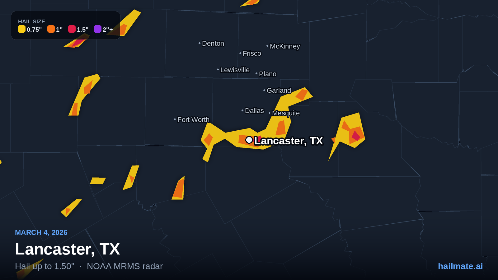 Hail swath map for Lancaster, TX on March 4, 2026 showing 1.50 inch hail.