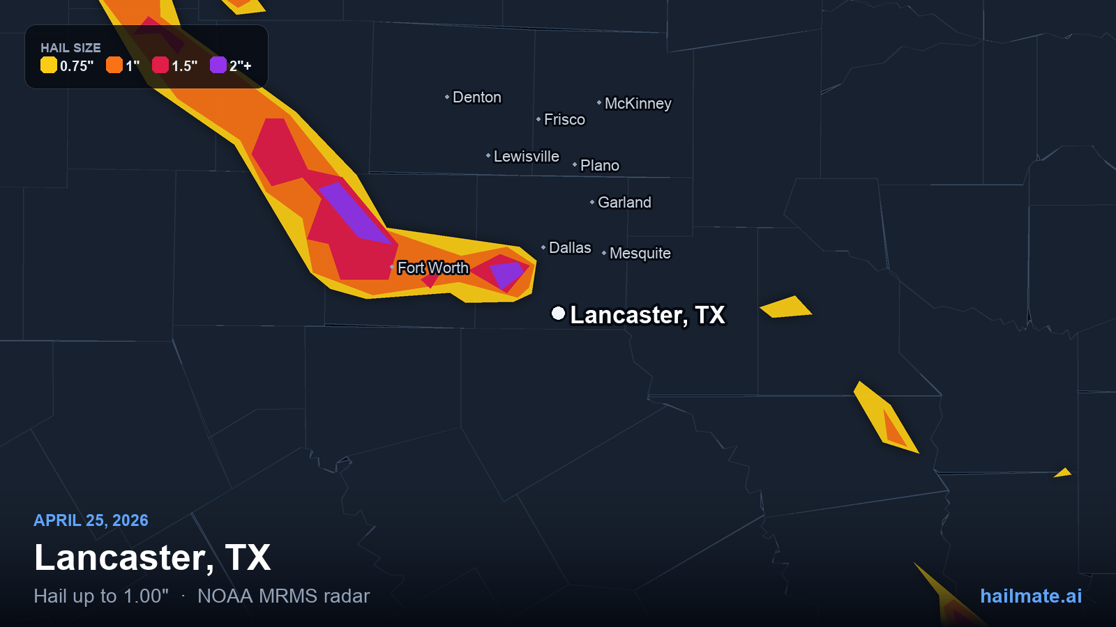 Hail swath map for Lancaster, TX on April 25, 2026 showing 1.00 inch hail.