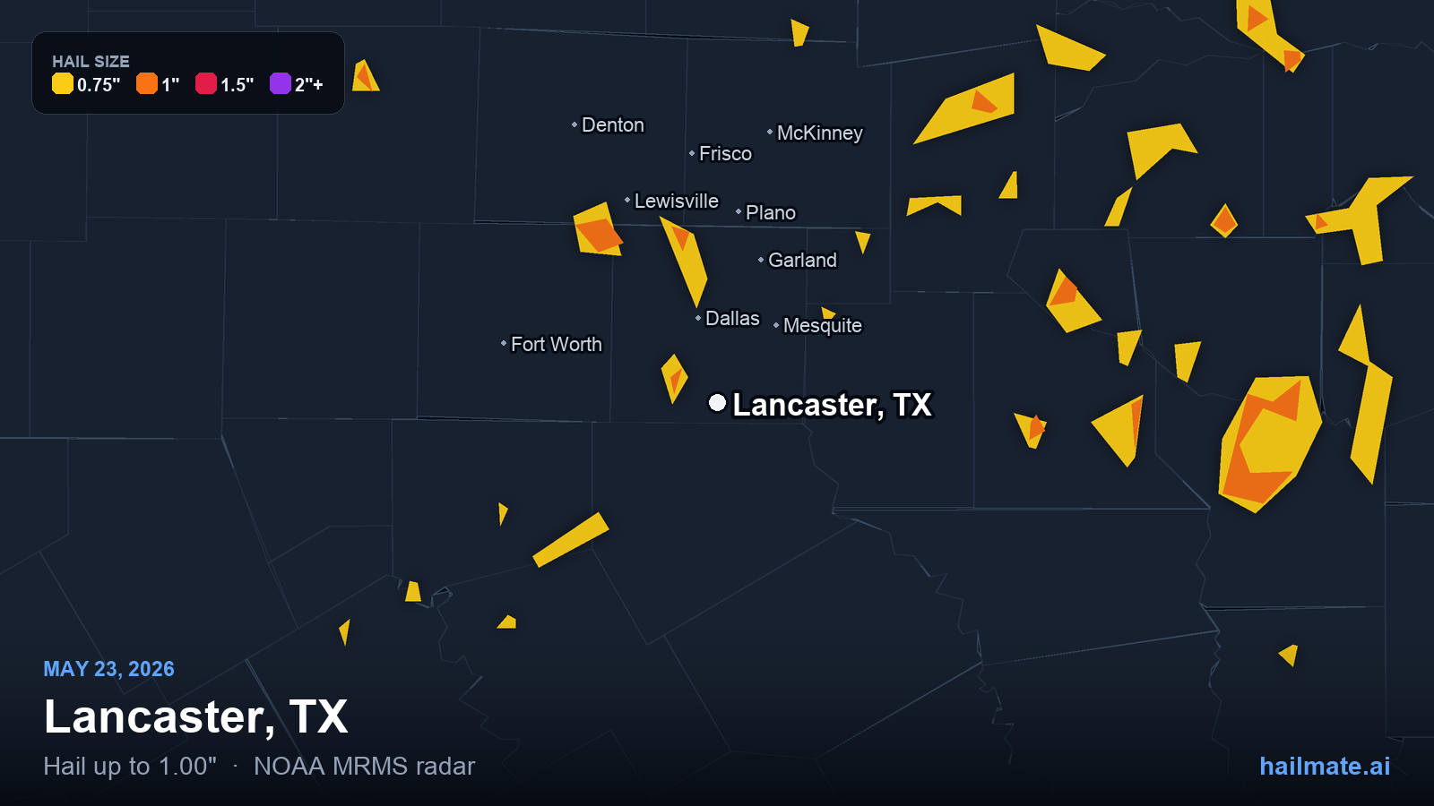 Hail swath map for Lancaster, TX on May 23, 2026 showing 1.00 inch hail.