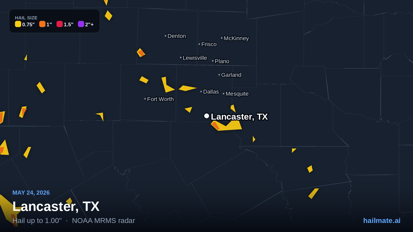 Hail swath map for Lancaster, TX on May 24, 2026 showing 1.00 inch hail.