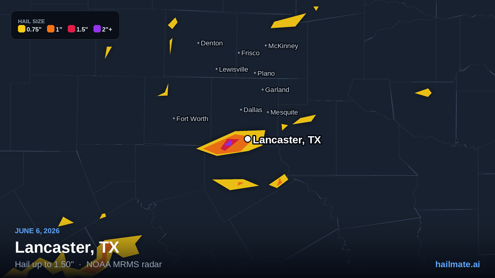 Hail swath map for Lancaster, TX on June 6, 2026 showing 1.50 inch hail.