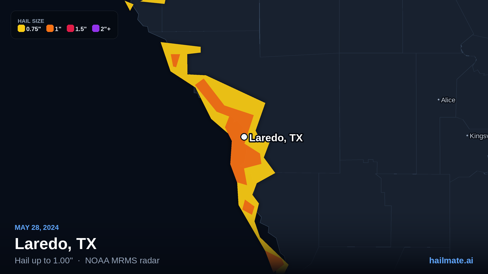 Hail swath map for Laredo, TX on May 28, 2024 showing 1.00 inch hail.