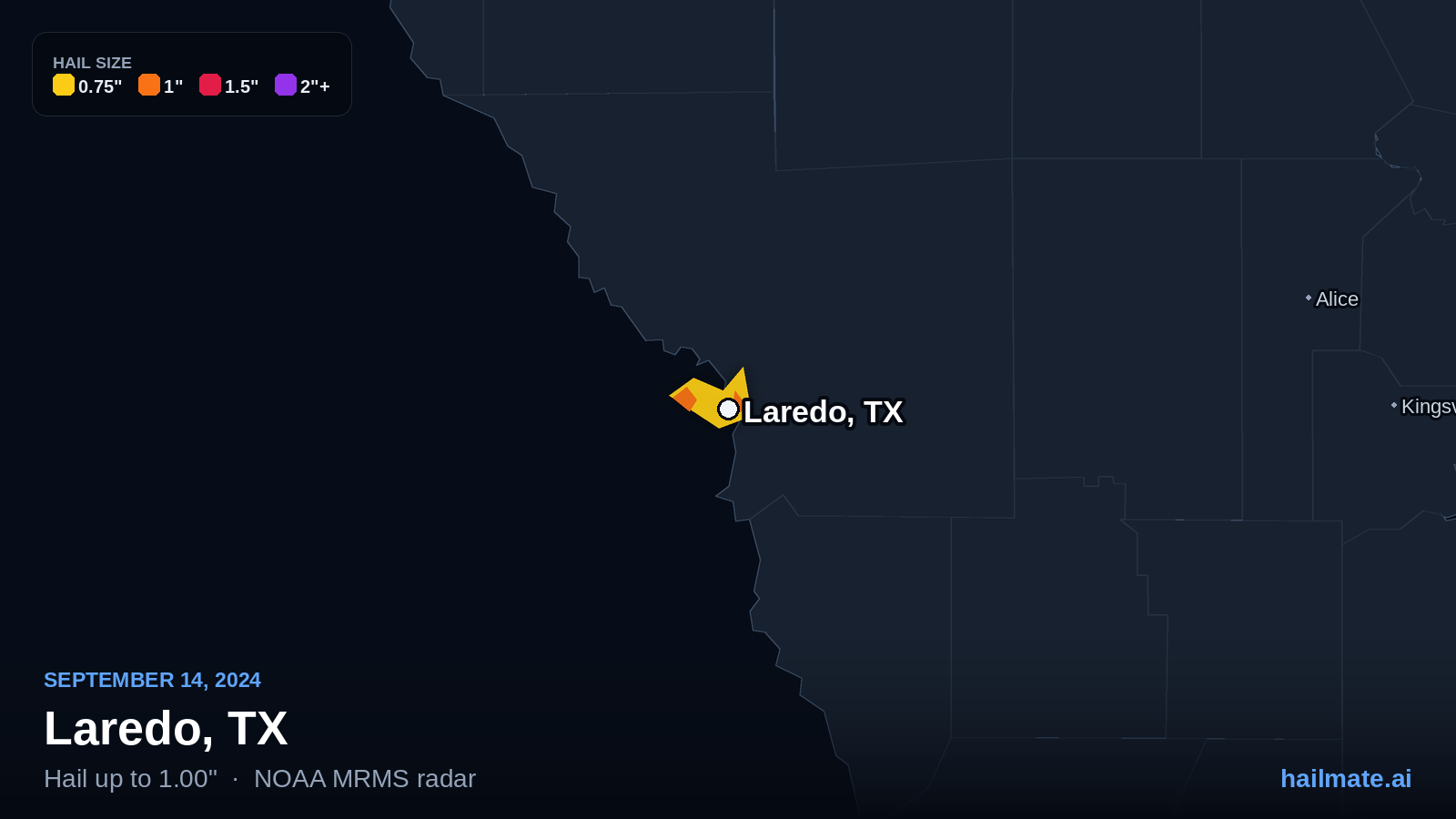 Hail swath map for Laredo, TX on September 14, 2024 showing 1.00 inch hail.