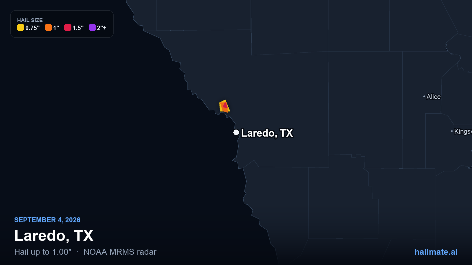 Hail swath map for Laredo, TX on September 4, 2026 showing 1.00 inch hail.