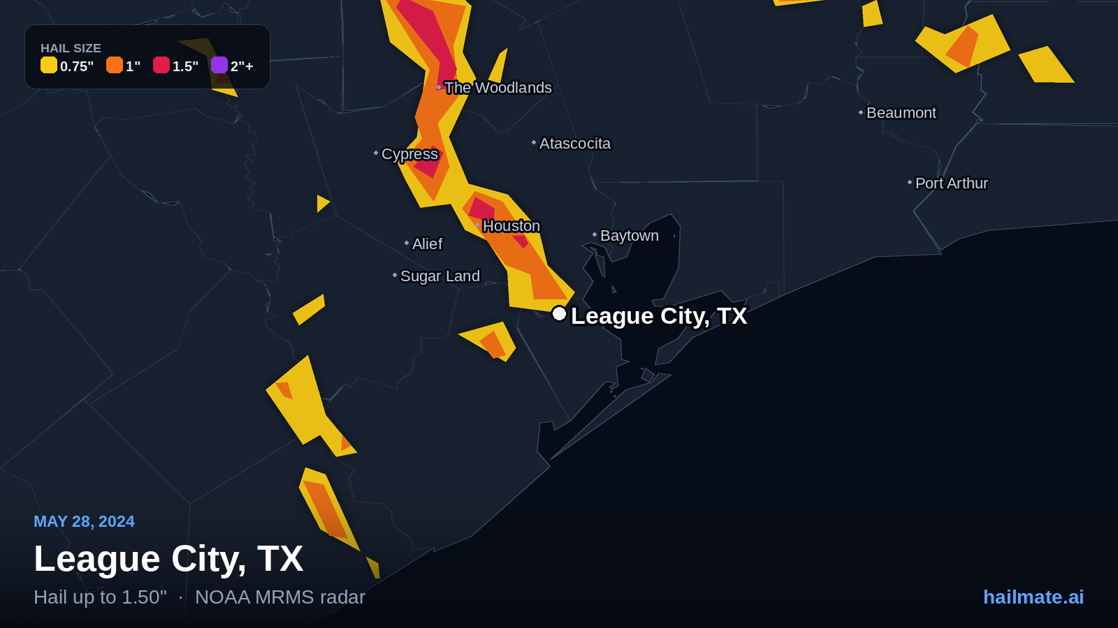Hail swath map for League City, TX on May 28, 2024 showing 1.50 inch hail.