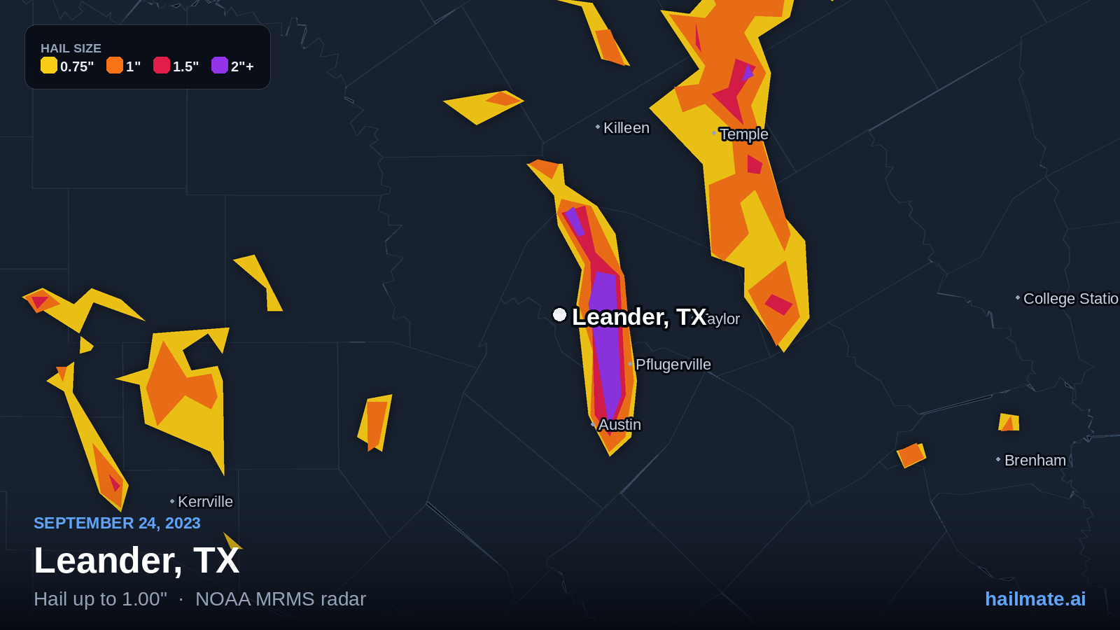 Hail swath map for Leander, TX on September 24, 2023 showing 1.00 inch hail.