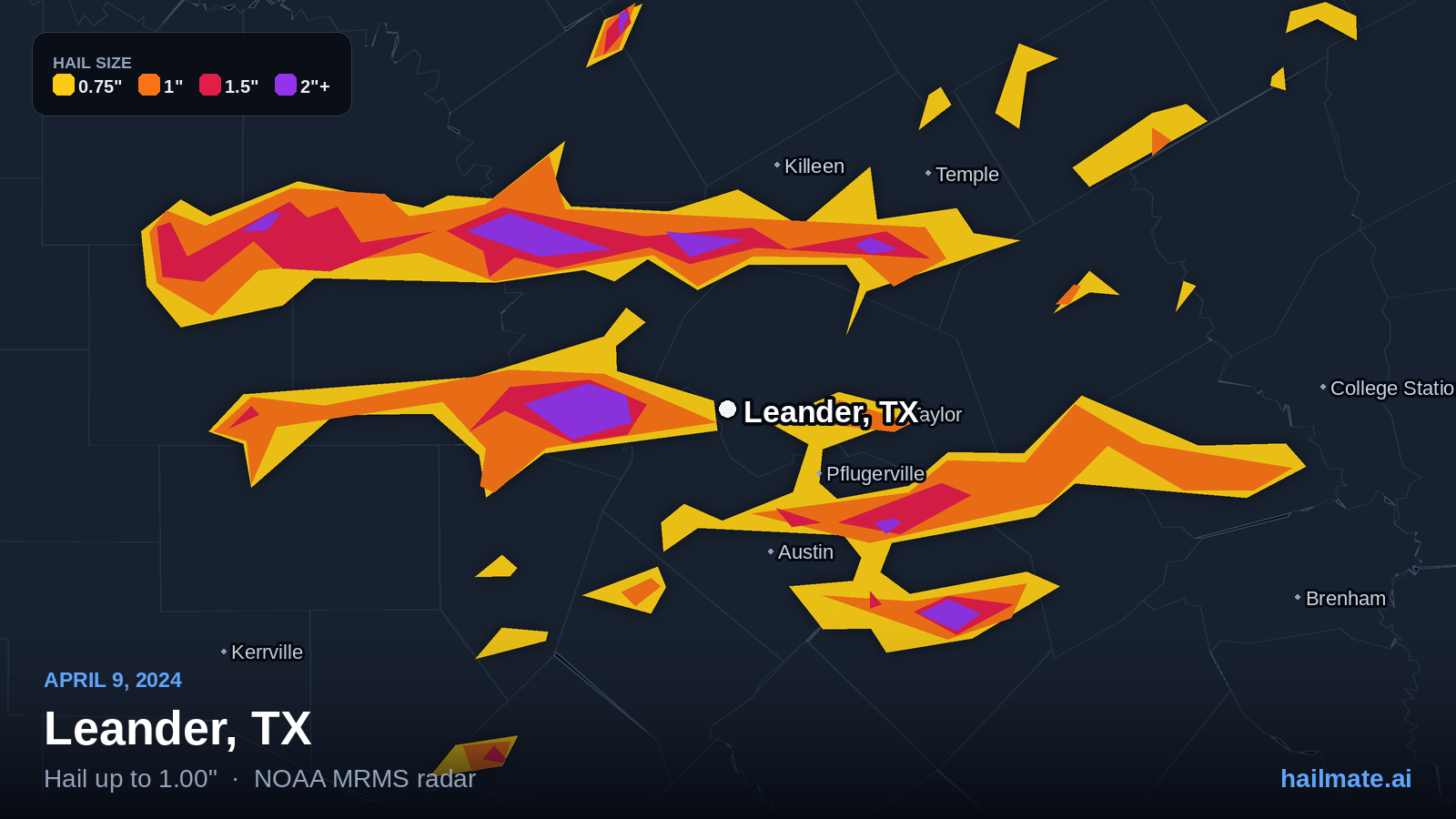 Hail swath map for Leander, TX on April 9, 2024 showing 1.00 inch hail.