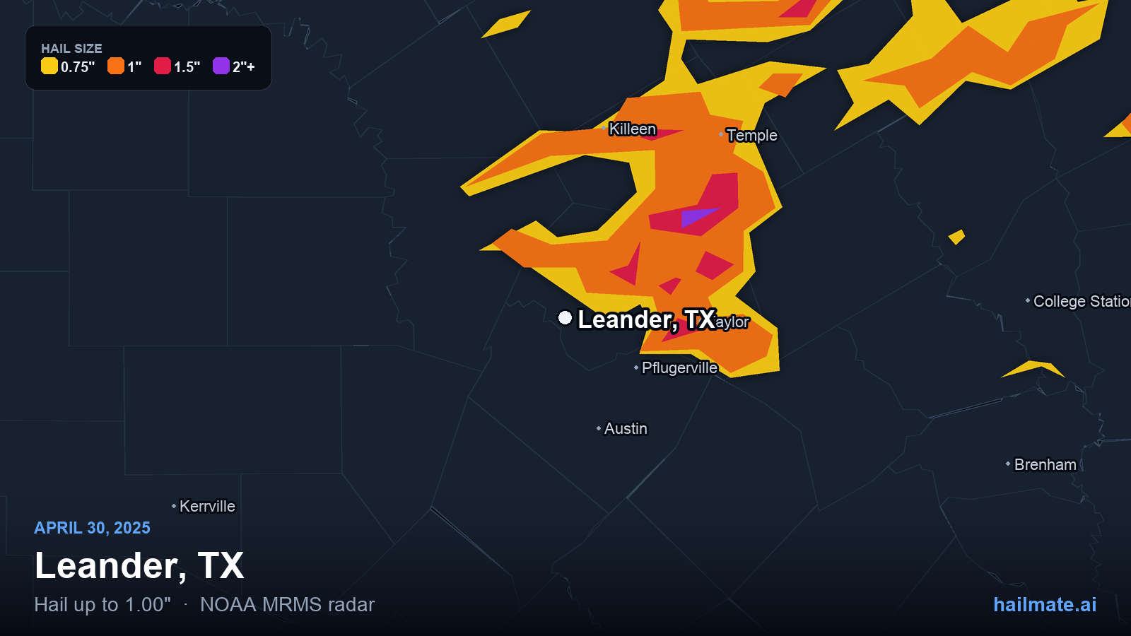 Hail swath map for Leander, TX on April 30, 2025 showing 1.00 inch hail.