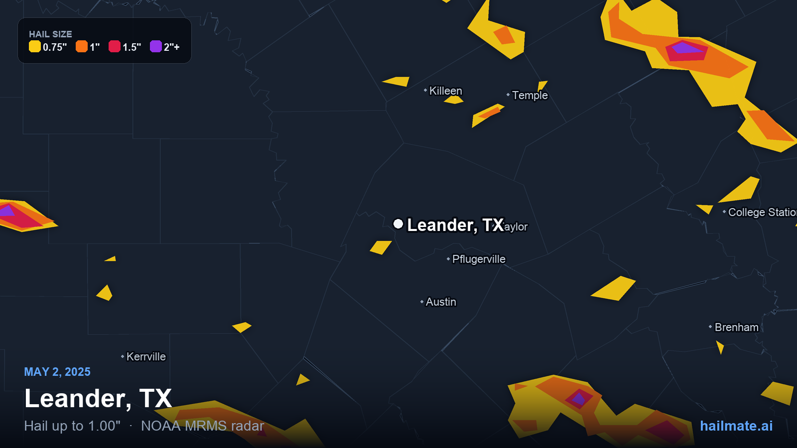 Hail swath map for Leander, TX on May 2, 2025 showing 1.00 inch hail.