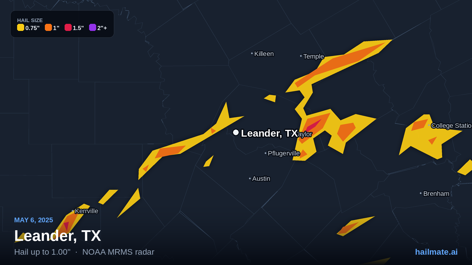 Hail swath map for Leander, TX on May 6, 2025 showing 1.00 inch hail.