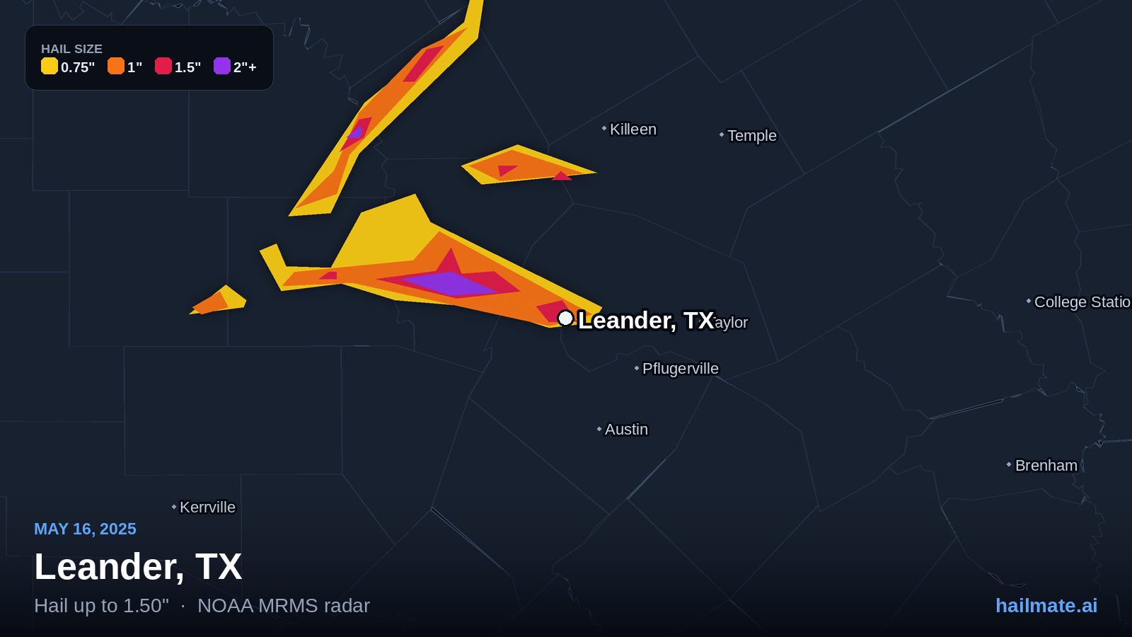 Hail swath map for Leander, TX on May 16, 2025 showing 1.50 inch hail.