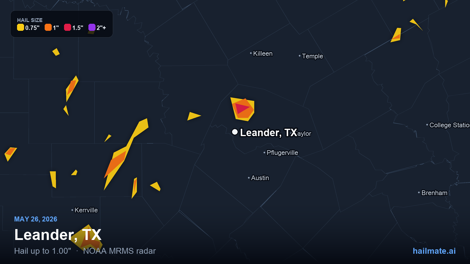 Hail swath map for Leander, TX on May 26, 2026 showing 1.00 inch hail.
