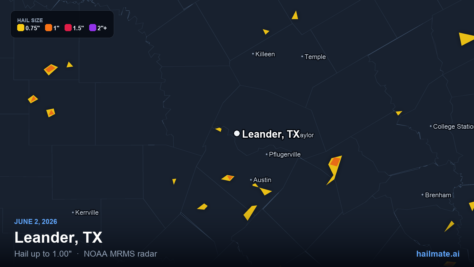 Hail swath map for Leander, TX on June 2, 2026 showing 1.00 inch hail.