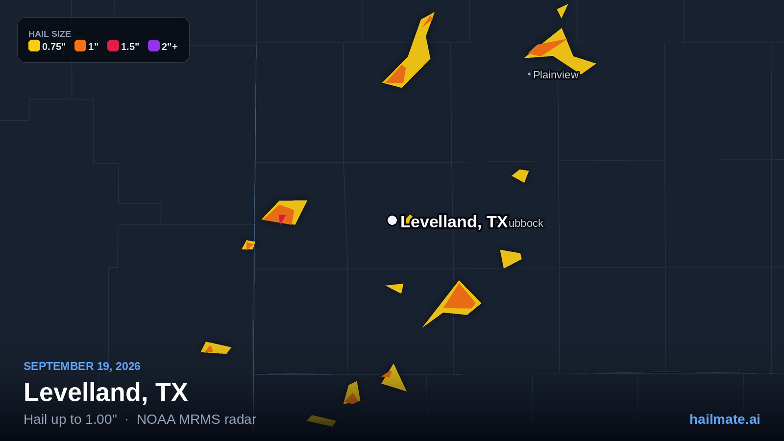 Hail swath map for Levelland, TX on September 19, 2026 showing 1.00 inch hail.