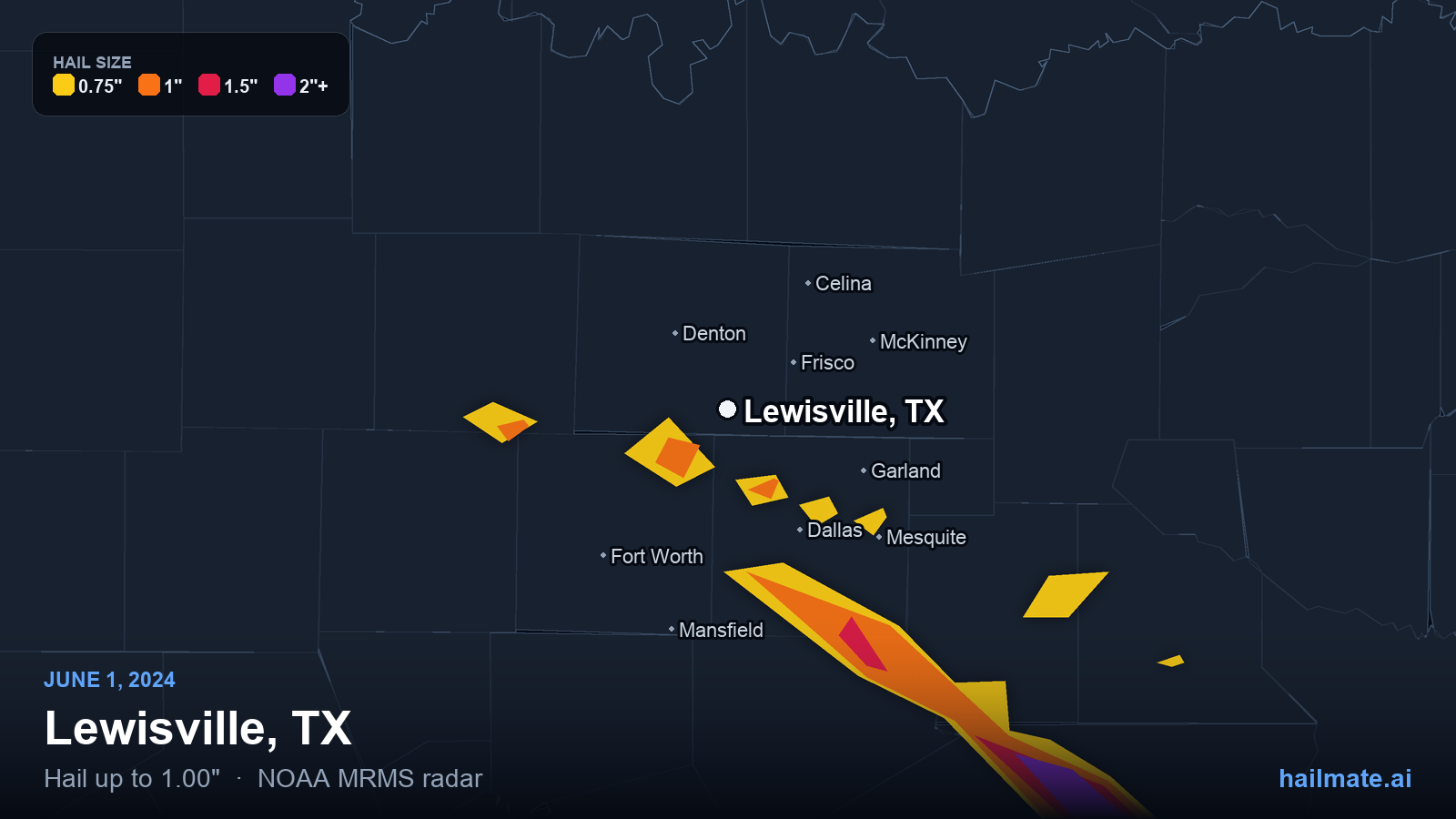 Hail swath map for Lewisville, TX on June 1, 2024 showing 1.00 inch hail.