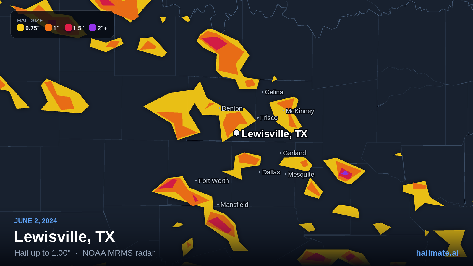 Hail swath map for Lewisville, TX on June 2, 2024 showing 1.00 inch hail.