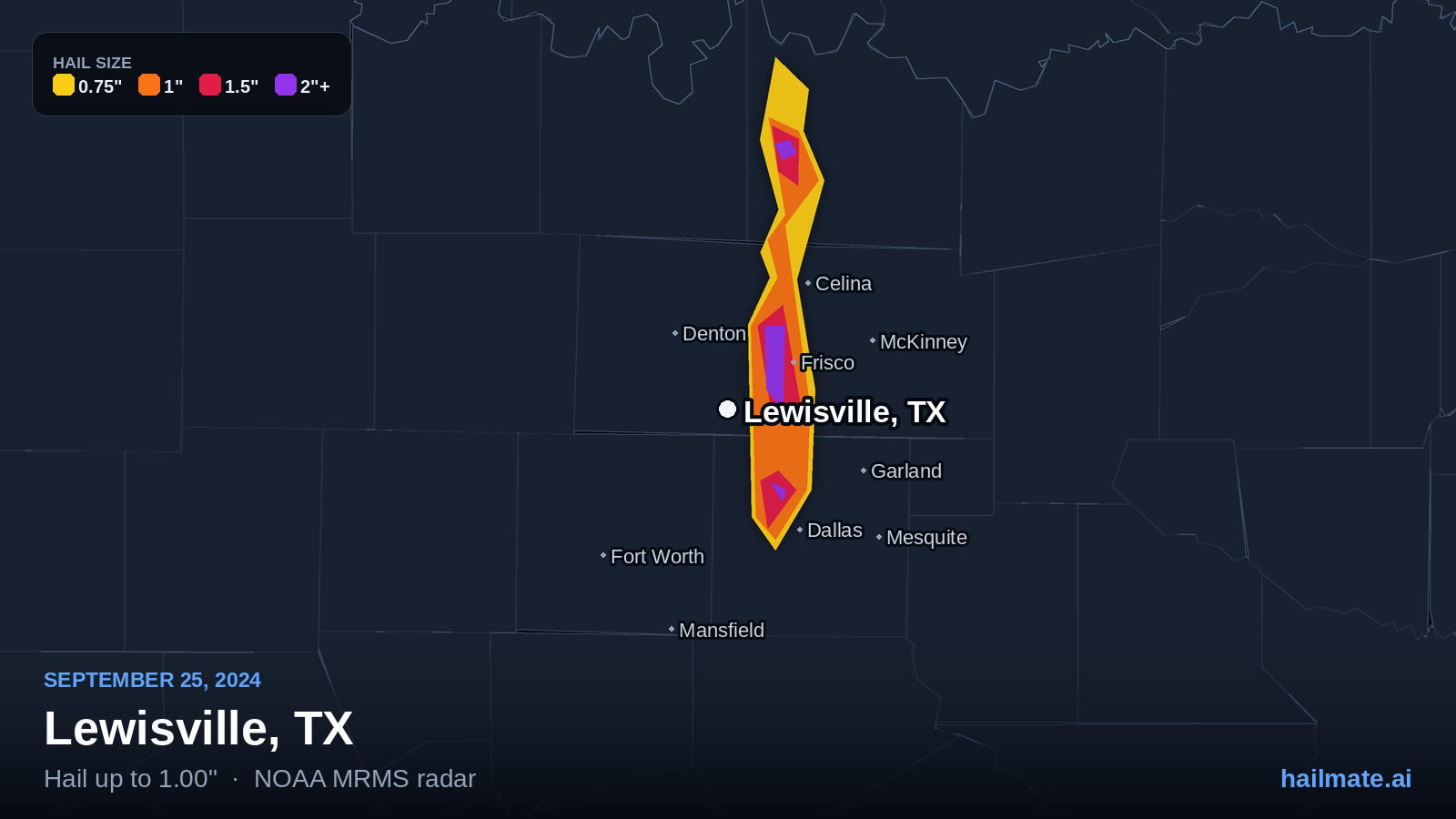 Hail swath map for Lewisville, TX on September 25, 2024 showing 1.00 inch hail.