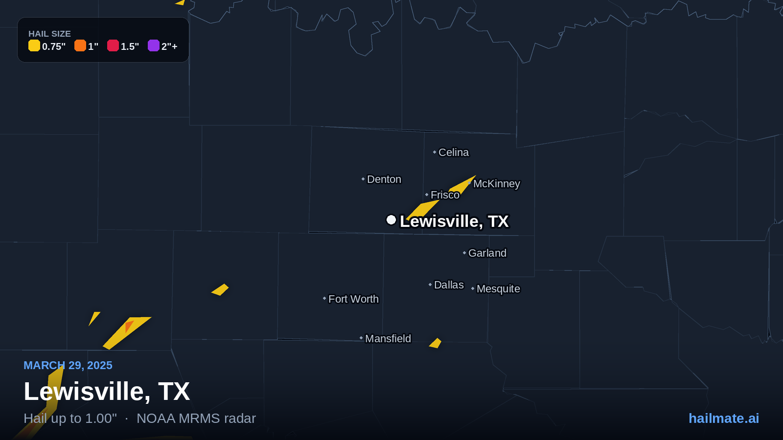 Hail swath map for Lewisville, TX on March 29, 2025 showing 1.00 inch hail.