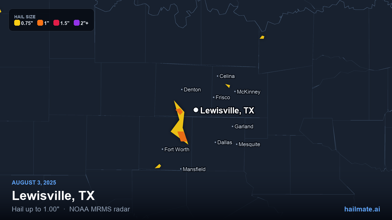 Hail swath map for Lewisville, TX on August 3, 2025 showing 1.00 inch hail.