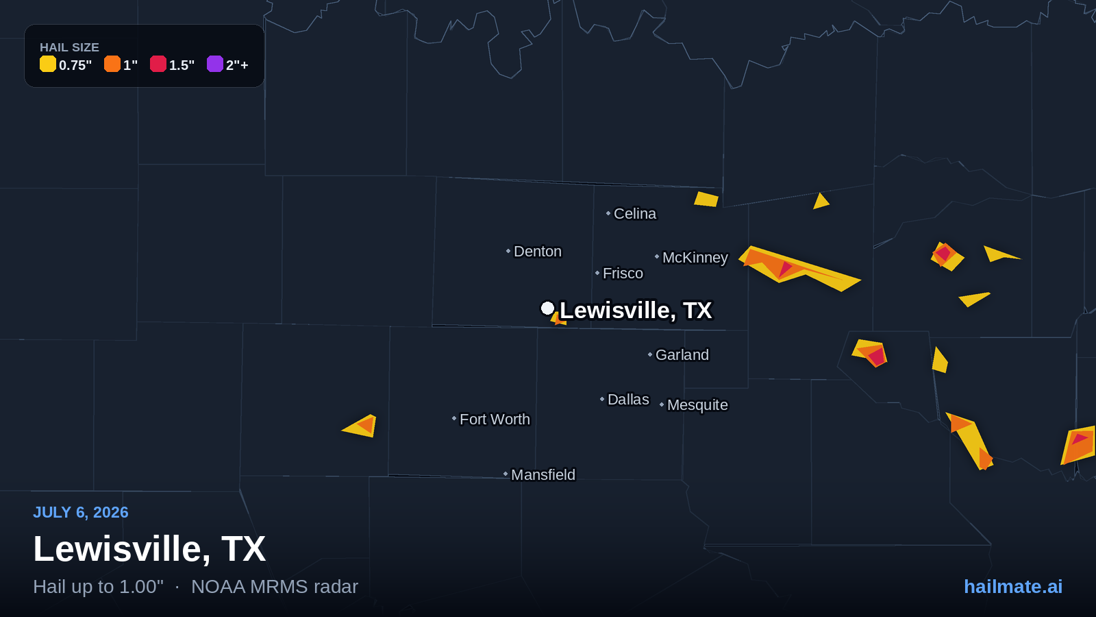 Hail swath map for Lewisville, TX on July 6, 2026 showing 1.00 inch hail.