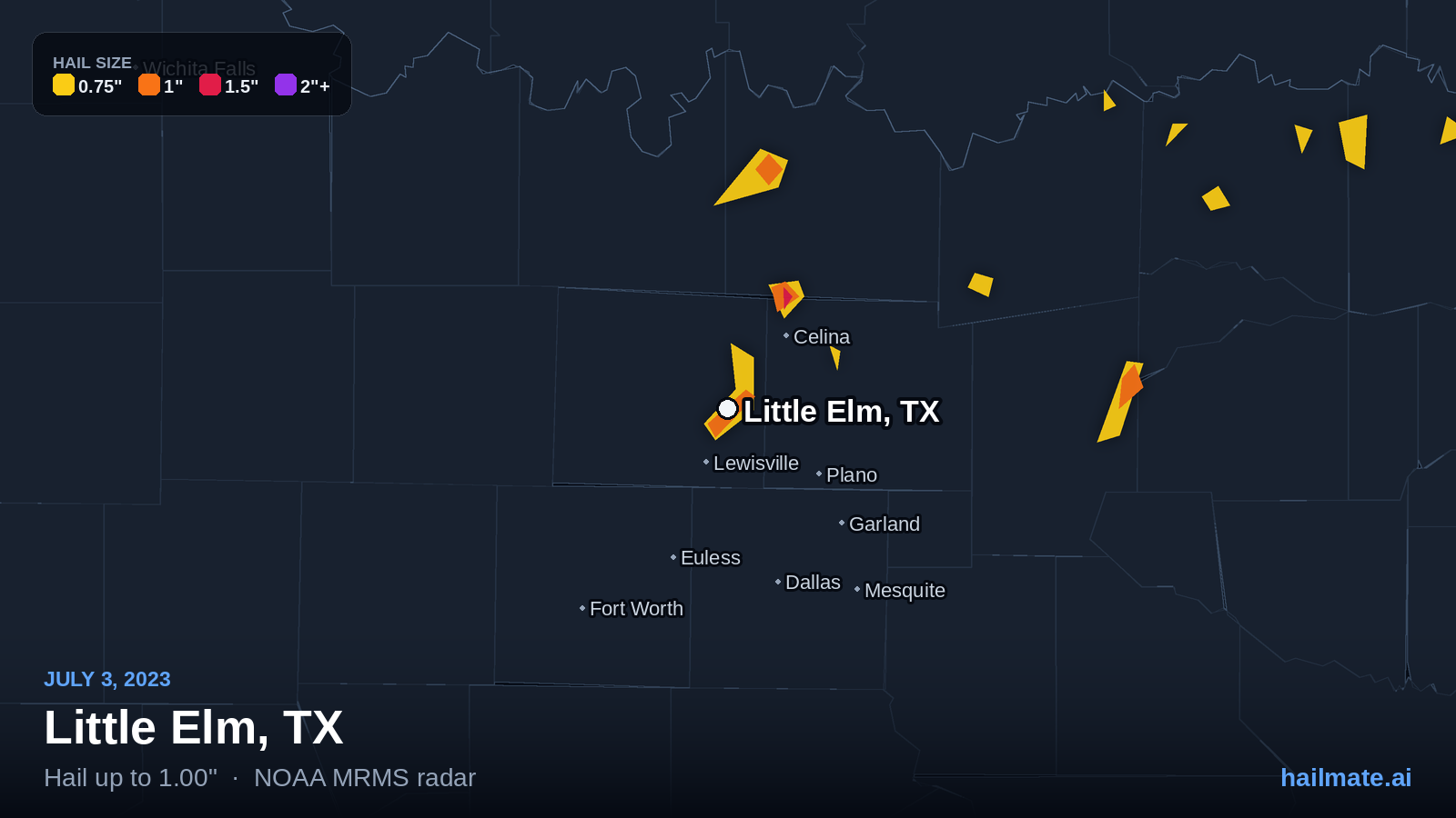 Hail swath map for Little Elm, TX on July 3, 2023 showing 1.00 inch hail.