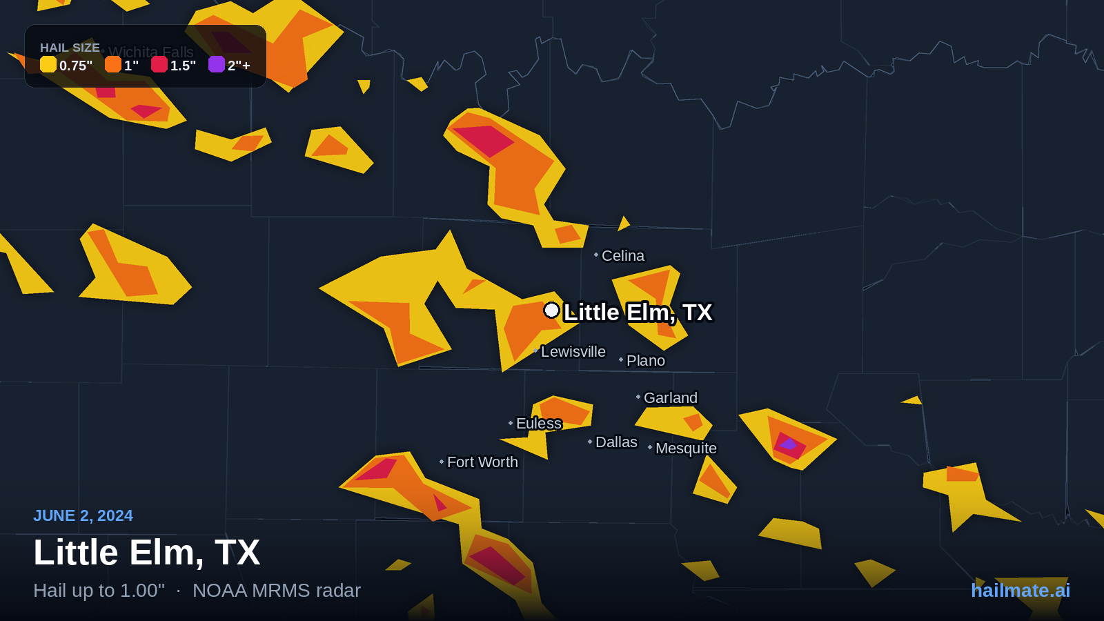 Hail swath map for Little Elm, TX on June 2, 2024 showing 1.00 inch hail.