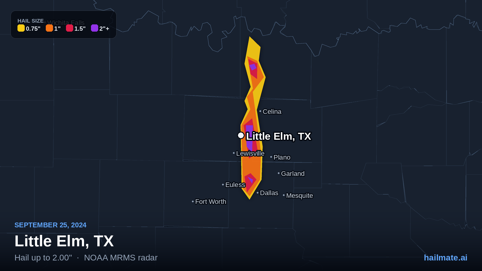 Hail swath map for Little Elm, TX on September 25, 2024 showing 2.00 inch hail.