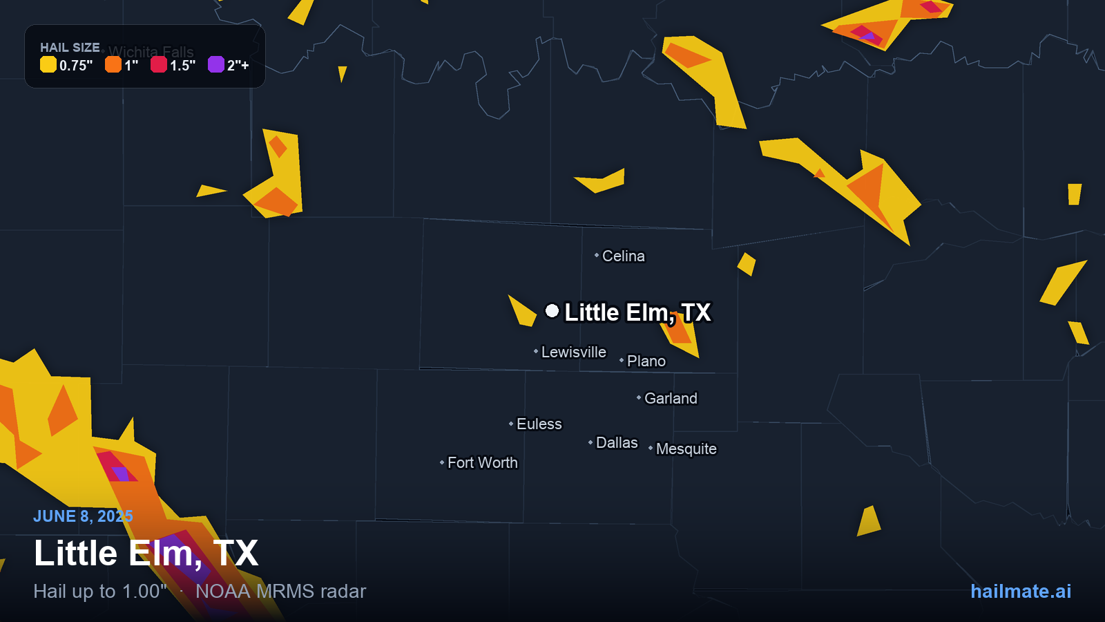 Hail swath map for Little Elm, TX on June 8, 2025 showing 1.00 inch hail.