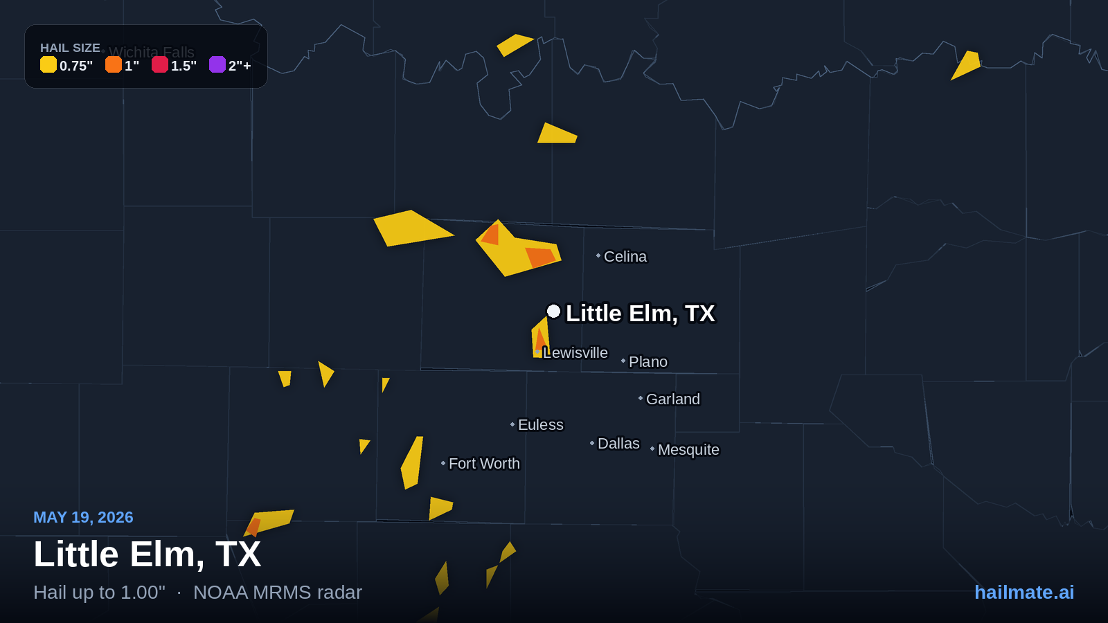 Hail swath map for Little Elm, TX on May 19, 2026 showing 1.00 inch hail.