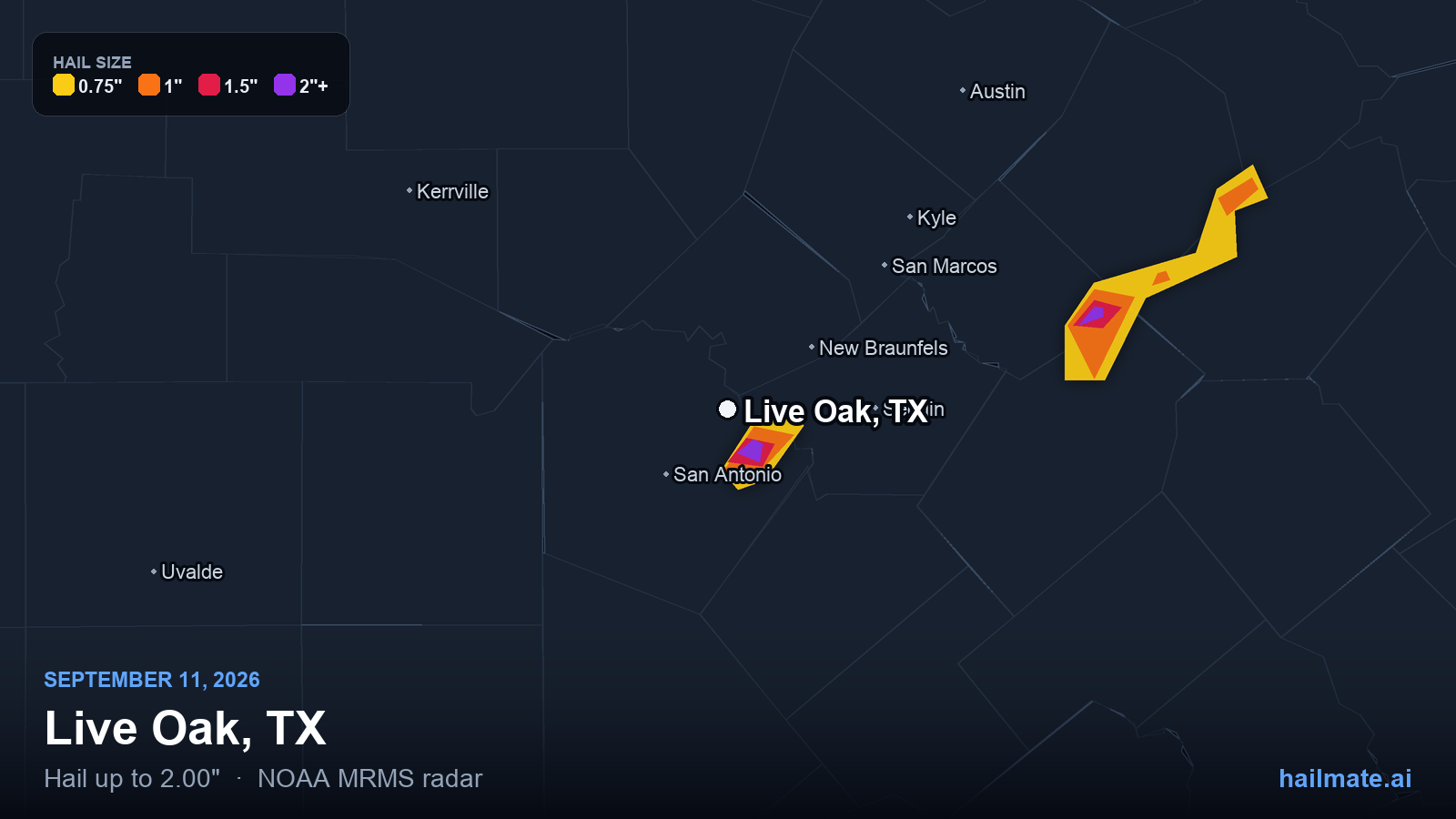 Hail swath map for Live Oak, TX on September 11, 2026 showing 2.00 inch hail.