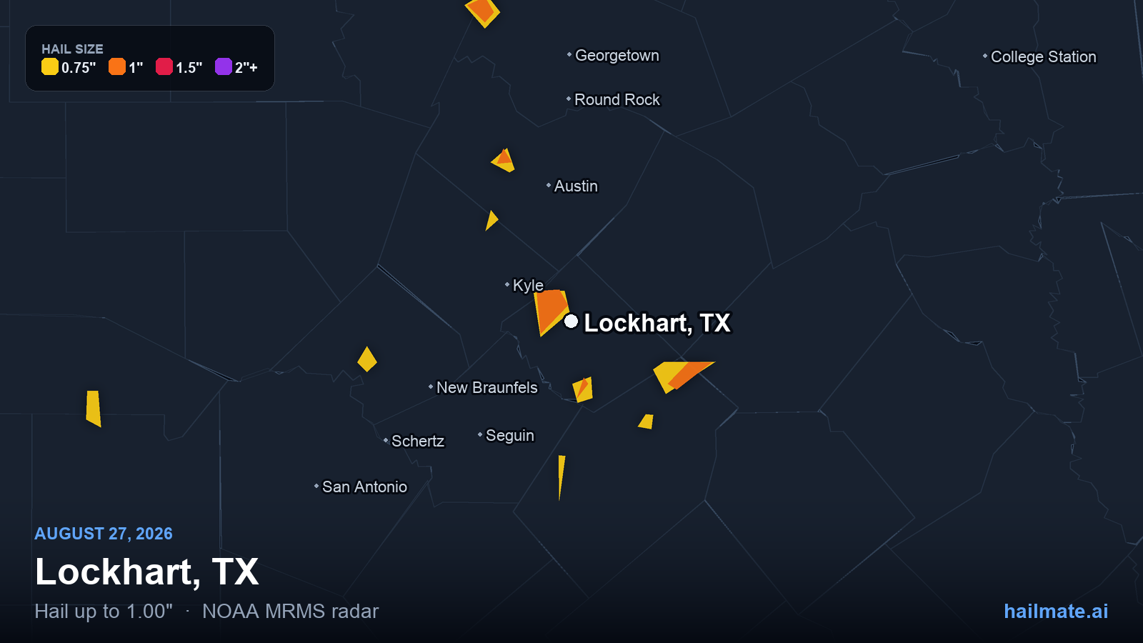 Hail swath map for Lockhart, TX on August 27, 2026 showing 1.00 inch hail.