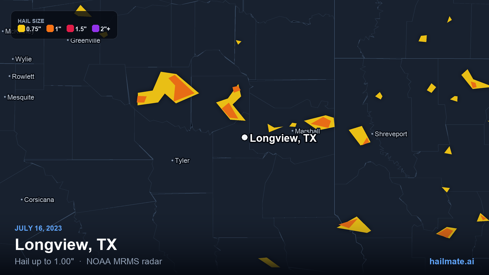 Hail swath map for Longview, TX on July 16, 2023 showing 1.00 inch hail.
