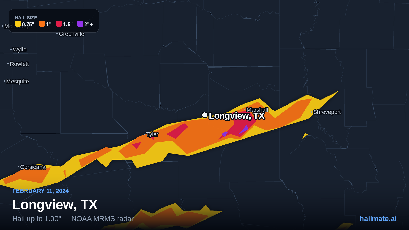 Hail swath map for Longview, TX on February 11, 2024 showing 1.00 inch hail.
