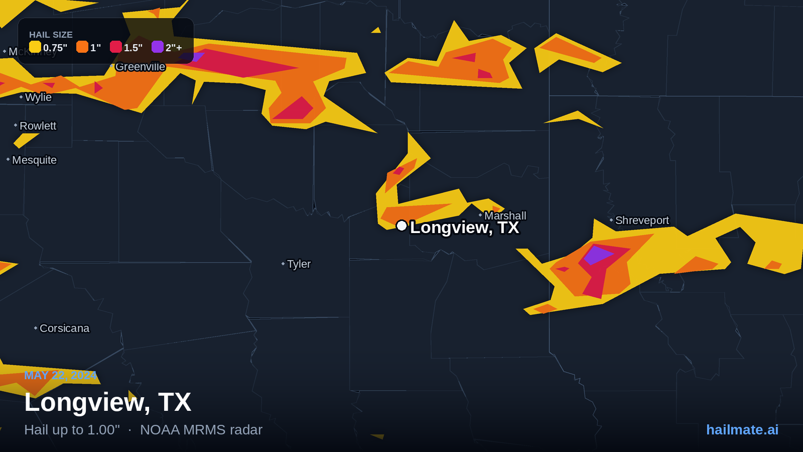 Hail swath map for Longview, TX on May 22, 2024 showing 1.00 inch hail.