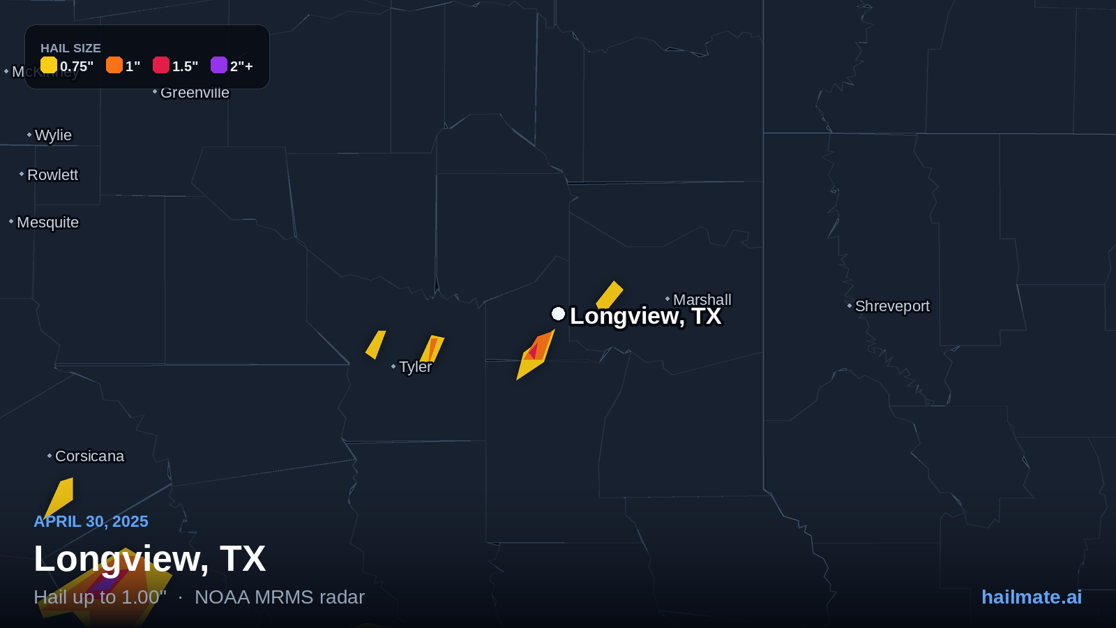Hail swath map for Longview, TX on April 30, 2025 showing 1.00 inch hail.