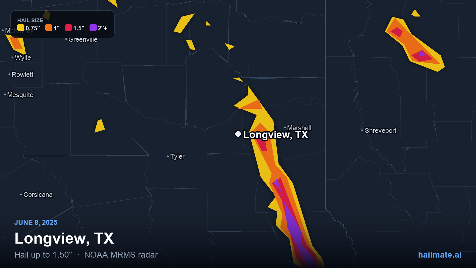 Hail swath map for Longview, TX on June 8, 2025 showing 1.50 inch hail.