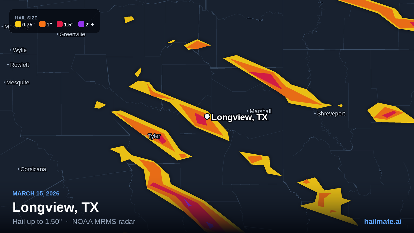 Hail swath map for Longview, TX on March 15, 2026 showing 1.50 inch hail.