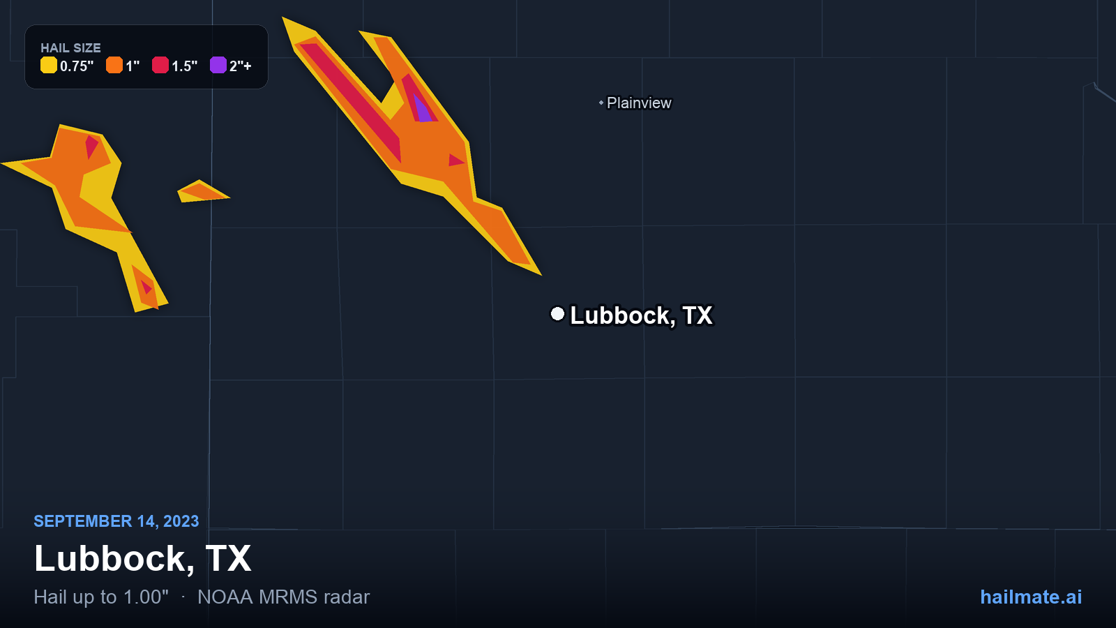 Hail swath map for Lubbock, TX on September 14, 2023 showing 1.00 inch hail.