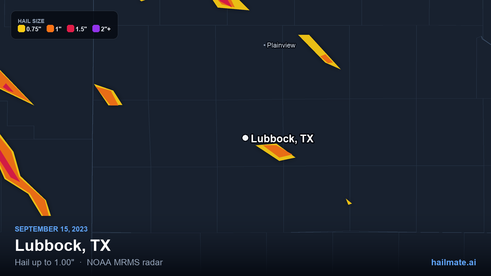 Hail swath map for Lubbock, TX on September 15, 2023 showing 1.00 inch hail.