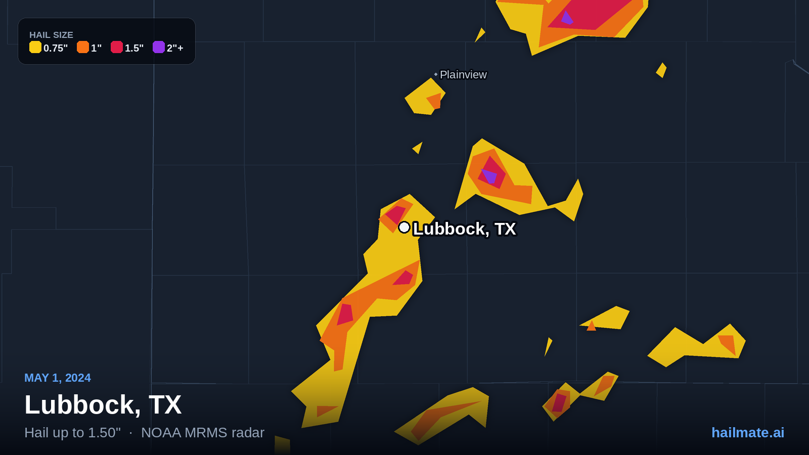 Hail swath map for Lubbock, TX on May 1, 2024 showing 1.50 inch hail.