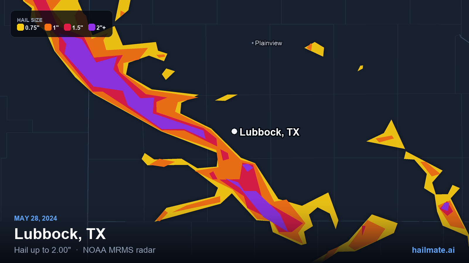Hail swath map for Lubbock, TX on May 28, 2024 showing 2.00 inch hail.